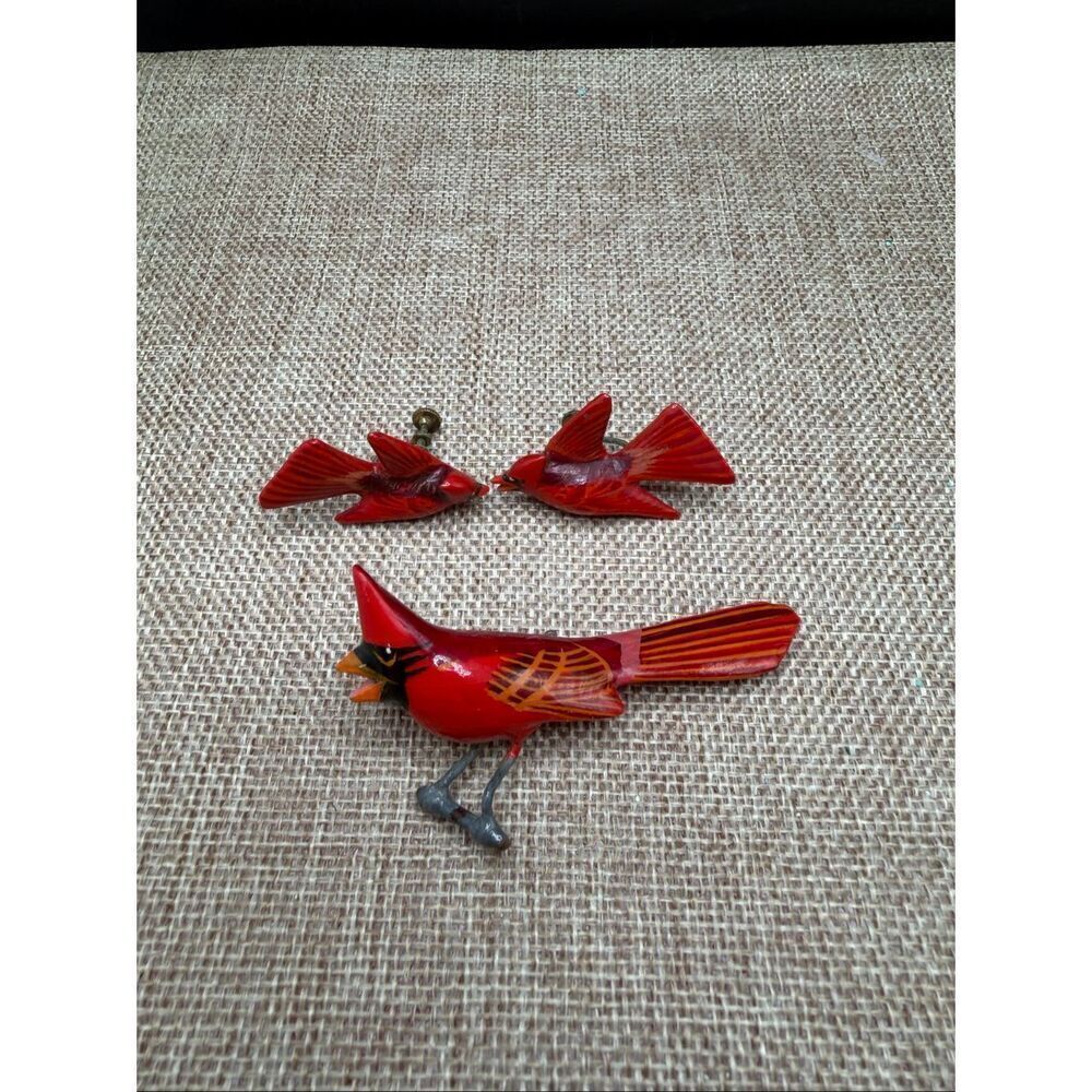 Vintage Hand-Painted Wooden Cardinal Pin & Screwback Earrings Set
